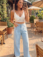 Jeans Beau bleus cloutés à jambe fendue sur le côté, effilochés et poches larges - Damesmode Afbeelding 5 - Miniatuur