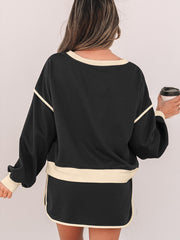 Schwarzer Farbkontrast Locker Pullover und Schnürung Taille Skort Set – Damesmode Afbeelding 2 - Miniatuur