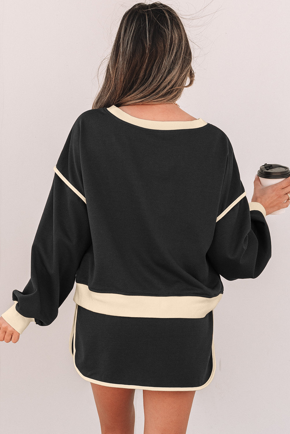 Schwarzer Farbkontrast Locker Pullover und Schnürung Taille Skort Set – Damesmode Afbeelding 2