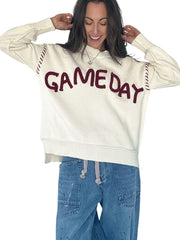Beige Drop Shoulder Game Day Letter Print Pullover Sweater - Damesmode Afbeelding 8 - Miniatuur