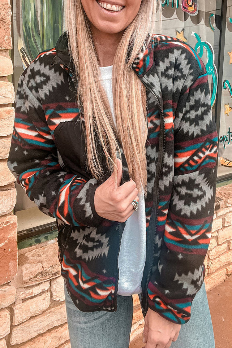 Zwart Aztec bedruckter Reißverschlusskragen Jasje - Damesmode