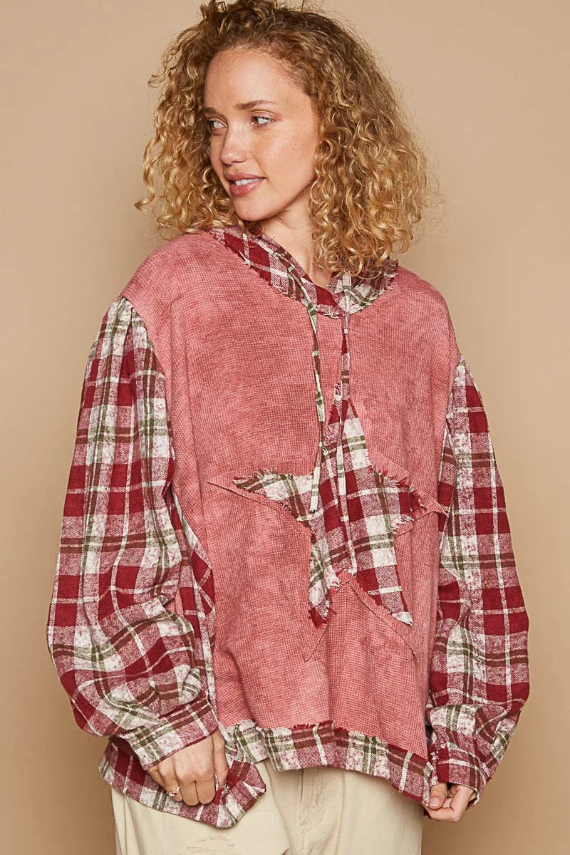 POL Star Patch Plaid Long Sleeve Hooded Top - Luxe Damesmode & Kleding Collectie | Redblad Nederland