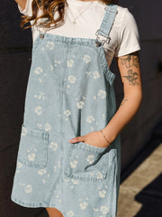 Sky Blue Retro Wash Denim Floral Print Overall Mini Dress - Miniatuur