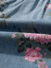 Blå armbånds-ærme med blomsterdenim skjorte - Dames Mode Billede 4 - Miniatuur