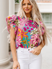 Multicolor Vibrant Floral Print Trimmed Ruffle Sleeve Blouse - Miniatuur