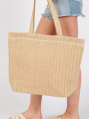 Sac fourre-tout d’été tissé en paille de couleur unie Camel - Miniatuur