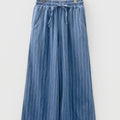 Blue Stripe Chambray Wide Leg Tied Elastic Waist Trousers - Damesmode Afbeelding 2 - Foto 2