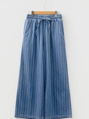 Blue Stripe Chambray Wide Leg Tied Elastic Waist Trousers - Damesmode Afbeelding 2 - Miniatuur