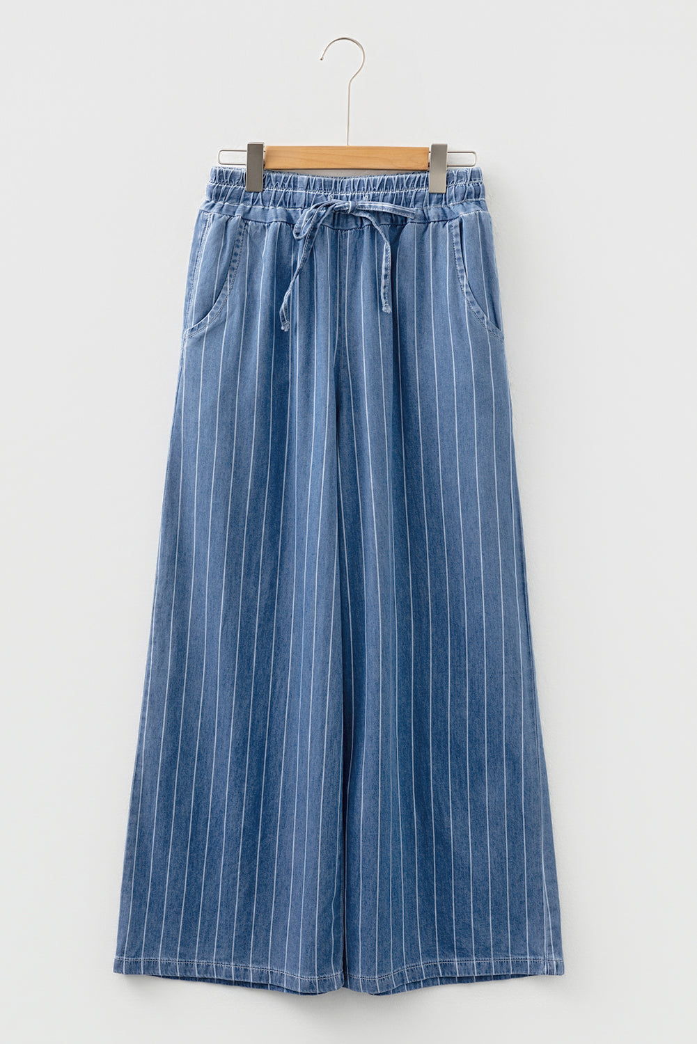 Blue Stripe Chambray Wide Leg Tied Elastic Waist Trousers - Damesmode Afbeelding 2