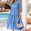 Gelbe Gingham-strukturierte Fliege mit kurzärmligem Stufen-Midi-Kleid - Foto 4