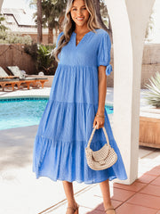Yellow Gingham Textured Bow Tie Short Sleeve Tiered Midi Dress - Miniatuur