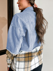 Khaki Plaid Patchwork Buttoned Oversized Denim Jacket - Miniatuur