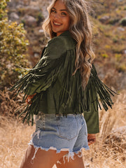 Green Cropped Fringe Faux Suede Jacket - Miniatuur