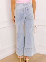 Beau Blue Mid Rise Pearl Embellished Split Wide Leg Jeans - Damesmode Afbeelding 2 - Miniatuur