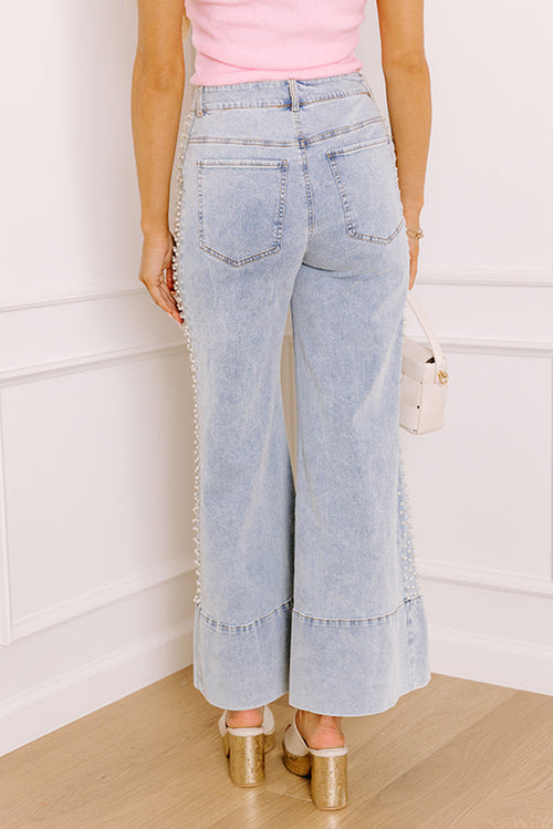 Beau Blue Mid Rise Pearl Embellished Split Wide Leg Jeans - Damesmode Afbeelding 2