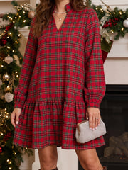 Red Plaid Long Sleeve Mini Shift Silhouette Decoration Dress - Miniatuur