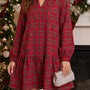 Red Plaid Long Sleeve Mini Shift Silhouette Decoration Dress