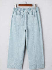 Sky Blue Stripe Mid Rise Drawstring Waist Jeans - Miniatuur