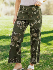 Green Vintage Floral Print Square Patch Pocket Raw Hem Shift Jeans - Miniatuur