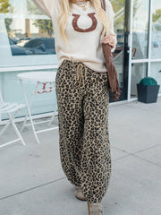 Khaki-Leopardenmuster mit Kordelzug, elastische Taille, lockere Jeanshosen mit Taschen - Miniatuur