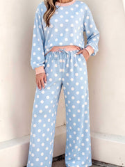 Khaki Polka Dot Contrast Trim Long Sleeve Top Drawstring Shift Pants Set - Miniatuur