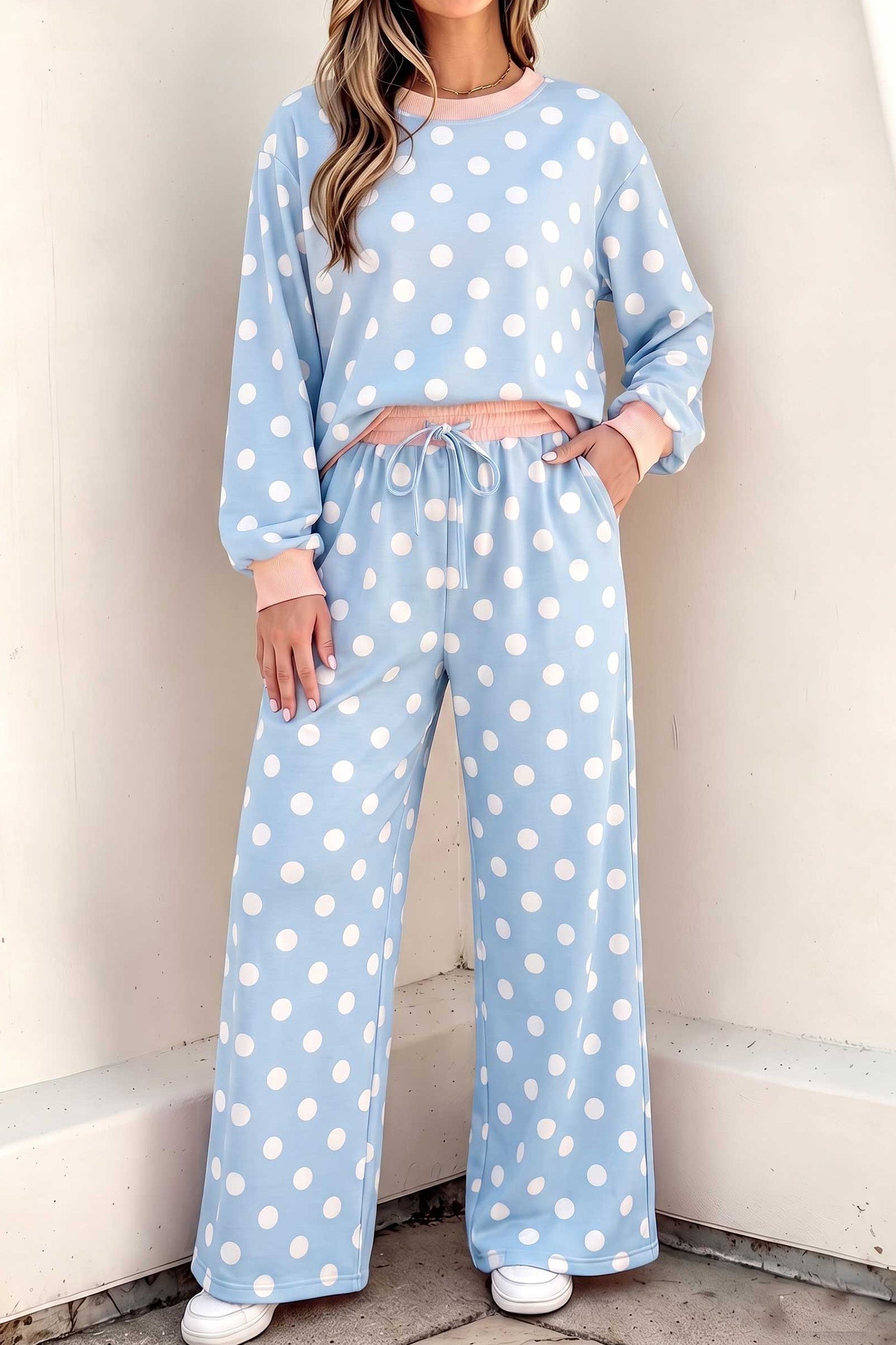 Khaki Polka Dot Contrast Trim Langärmel-Oberteil, Kordelzug-Shift-Hose Set