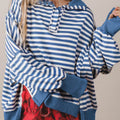 Blue Stripe Color Block Trim Raw Seam Split Hem Loose Pullover Sweatshirt - Damesmode Afbeelding 1 - Foto 1