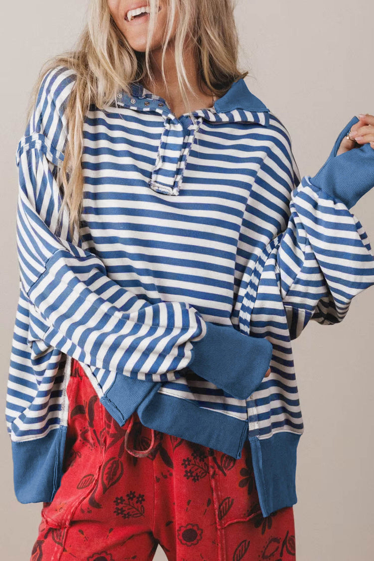 Blue Stripe Color Block Trim Raw Seam Split Hem Loose Pullover Sweatshirt - Damesmode Afbeelding 1 - Damesmode