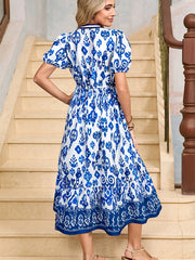 Himmelblaues, florales Puff-Kleid mit V-Ausschnitt und hohem Taille Maxi-Kleid - Miniatuur