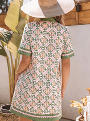 Multicolour Boho Geometric Flower Print Short Sleeve Loose Mini Dress - Miniatuur