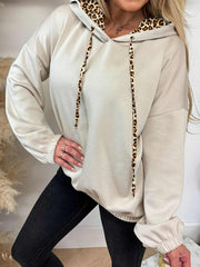 Black Elastic Cuffs Leopard Contrast Drawstring Hoodie - Women's Fashion Image 4 - Miniatuur