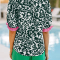 Green Damask Print Ruffled Color Block Detail Half Sleeve Blouse - Foto 2
