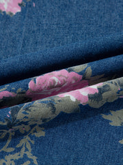 Blue Retro Floral Print Tie Elastic Waist Button Pintuck Wide Leg Jeans - Women's Fashion Image 8 - Miniatuur