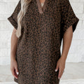 Brown Leopard Print Contrast Collar V-Neck Mini Dress - Damesmode Afbeelding 1 - Foto 1