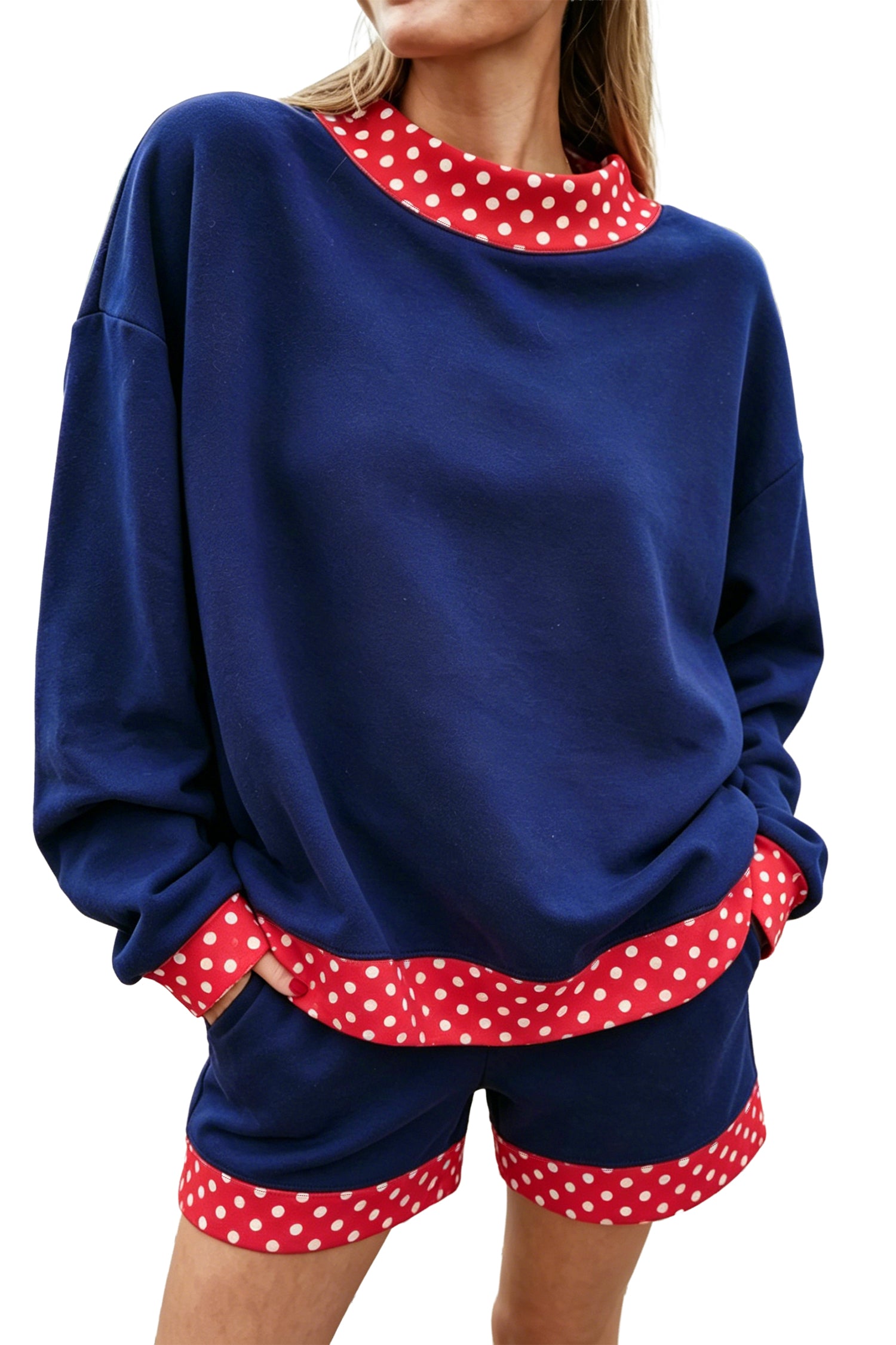 Marineblauer Polka Dot Trim Baggy Pullover 2 Stück Short Set