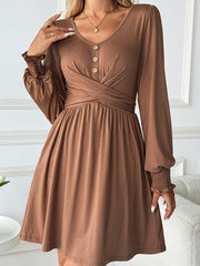 Dark Grey Shirred Cuff Long Sleeve Button Round Neck Mini Dress - Miniatuur