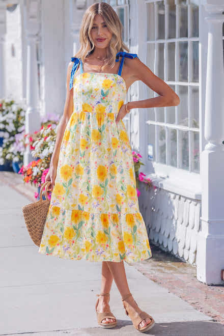 Robe en jean à bretelles à nœuds en nœud contrasté à imprimé jaune
