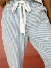 Sky Blue Stripe Mid Rise Drawstring Waist Jeans - Miniatuur