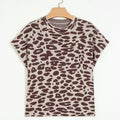 Khaki Leopard Print Short Sleeve Knit Loose Pullover Sweater - Foto 5