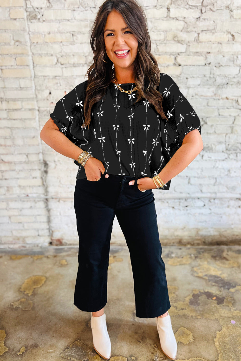 Beige Bow Print Puff Short Sleeve Top - Damesmode Afbeelding 6
