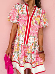 Pink Color Block Floral Print Contrast Trim V Neck Ruffle Hem Mini Dress - Miniatuur