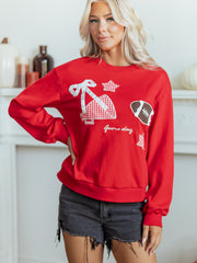 Racing Red Gingham Patch Embroidered Rugby Game Day Stars Sweatshirt - Miniatuur