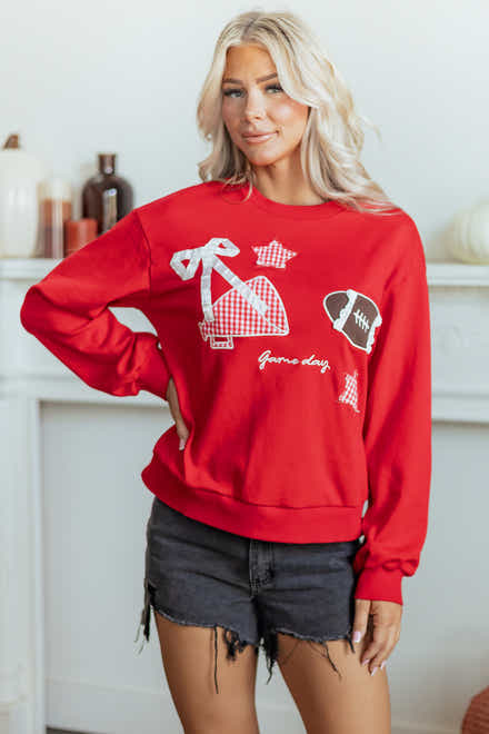 Racing Red Gingham Patch besticktes Rugby Game Day Stars Sweatshirt