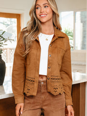 Thai Curry Solid Color Faux Suede Hollowed Detail Retro Style Jacket - Miniatuur