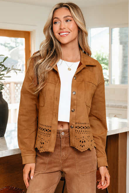 Thai Curry Solid Color Faux Suede Hollowed Detail Retro Style Jacket