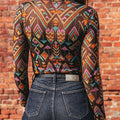 Farbschwarzer abstrakter Muster Langarm-Stehhals-Mesh-Top - Foto 2