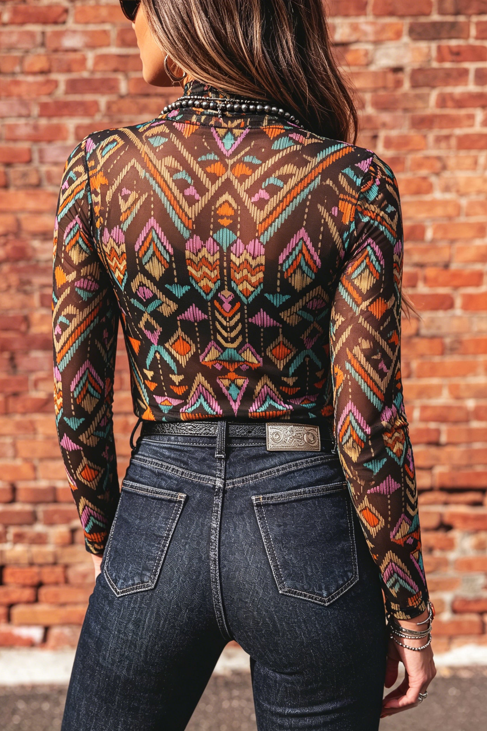 Farbschwarzer abstrakter Muster Langarm-Stehhals-Mesh-Top