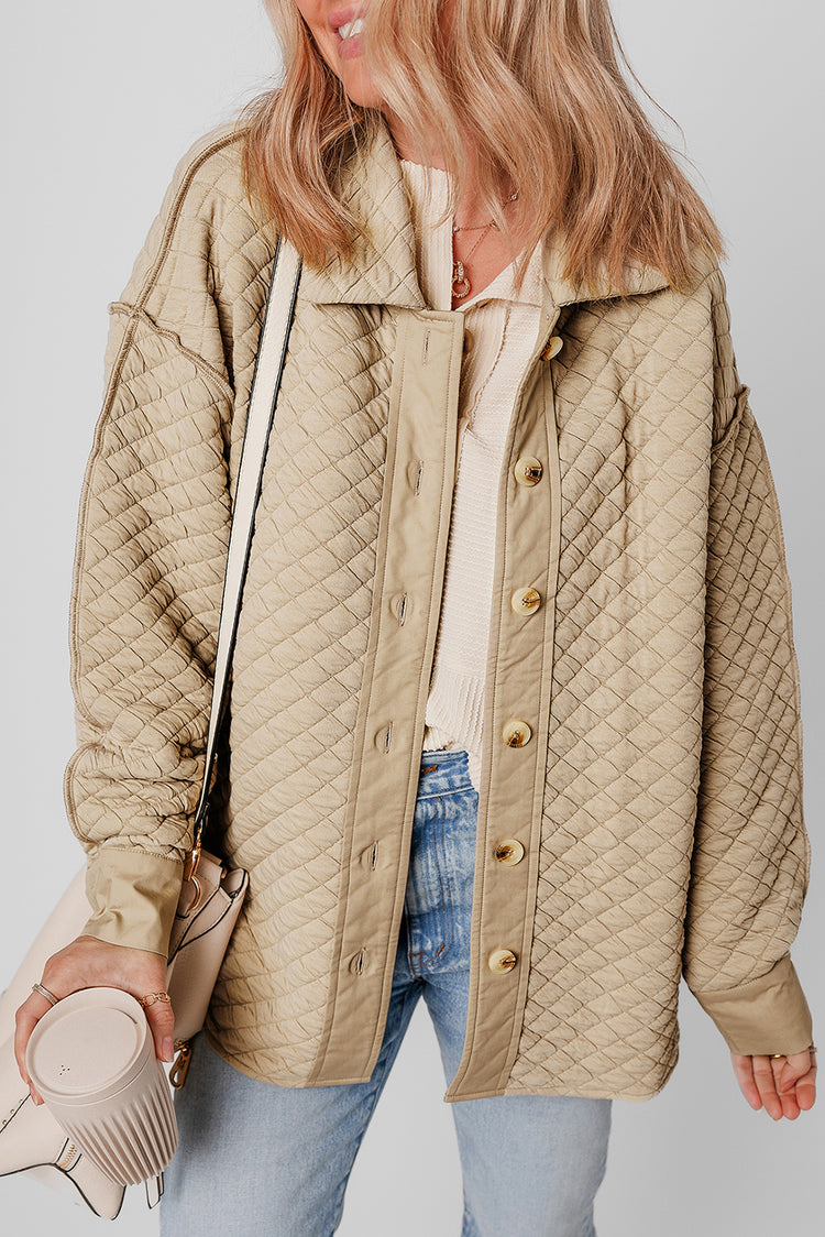 Jet Stream Solid Color Quilted Puffer Buttoned Shacket - Damesmode