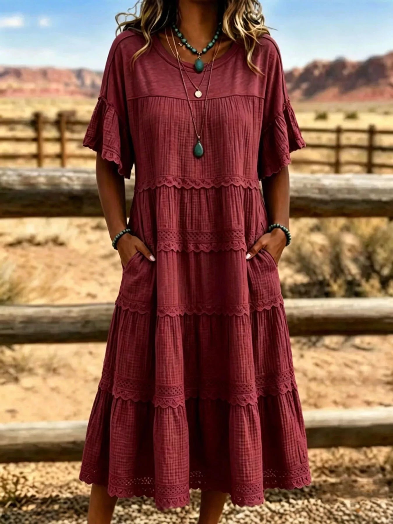 Full Size Tiered Ruffle Sleeve Midi Dress with Pockets Plus Size - Luxe Damesmode & Kleding Collectie | Redblad Nederland