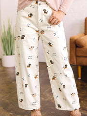Weiße Abstract Dog Print Wide Legs Ganzlänge Jeans - Miniatuur